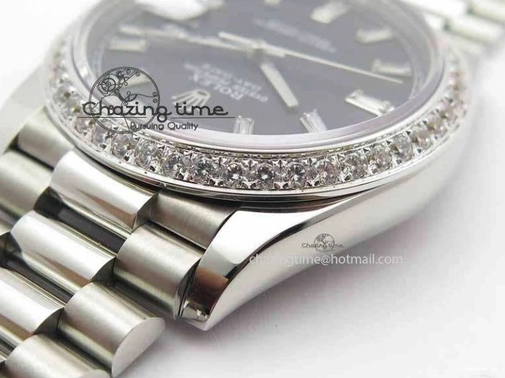 0109 Day Date 40mm SS BP Maker Best Edition Diamond Bezel Black Dial On SS Bracelet ETA Unique 3693